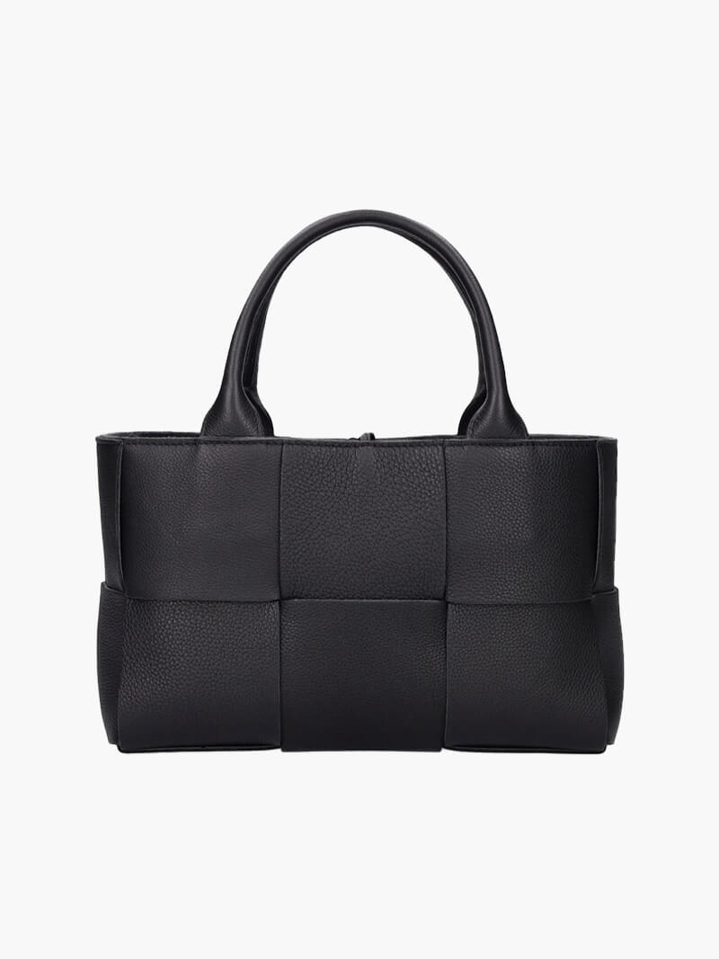woven structured tote bag with top handles and zip closure