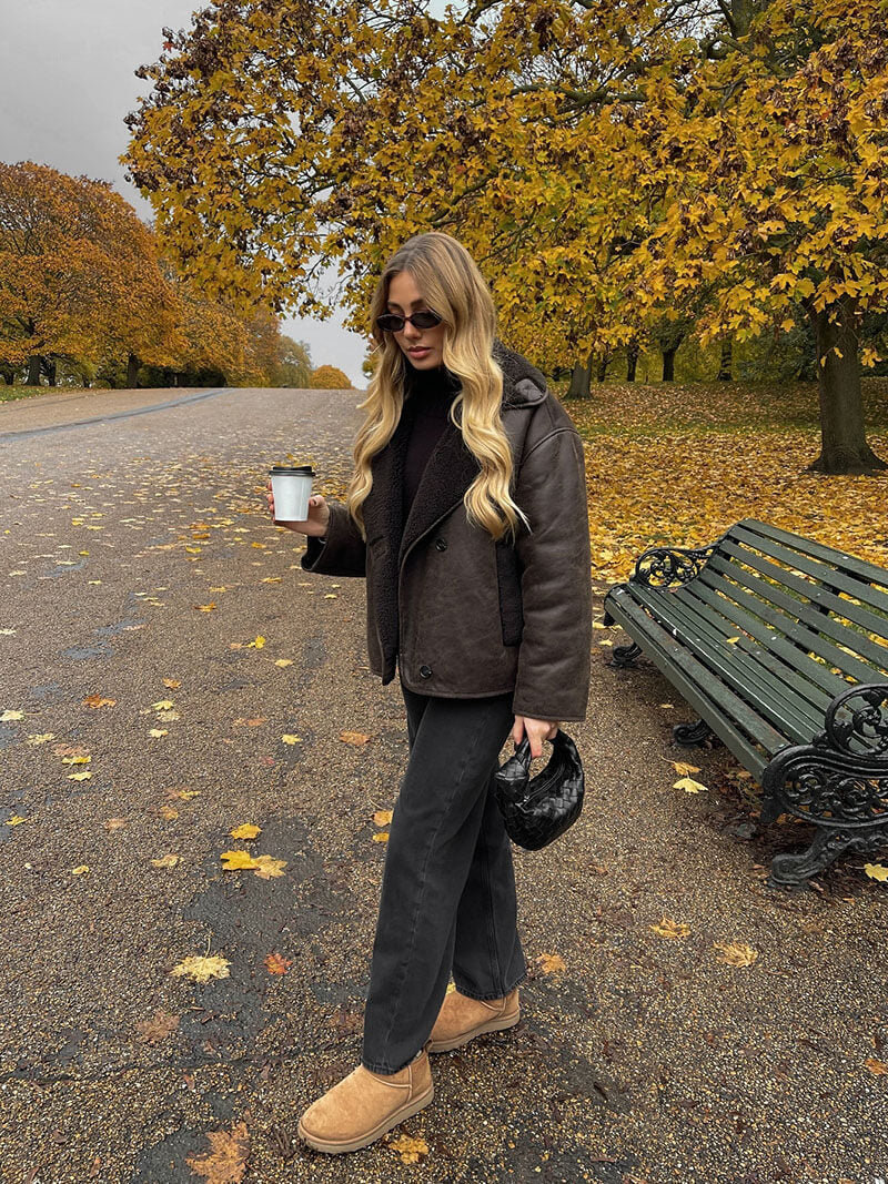 shearling jacket showing zipper hardware and pull tab