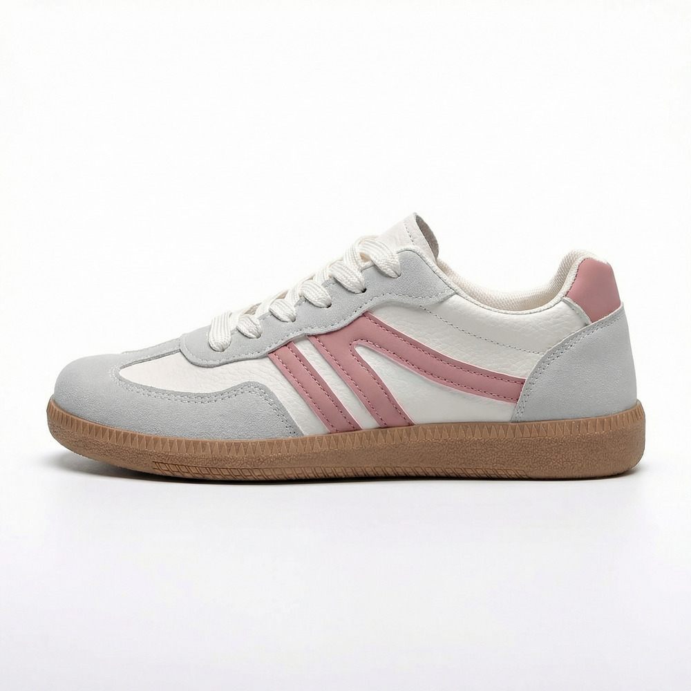 Women's gray suede lace-up casual sneakers, low-top silhouette, front and side view