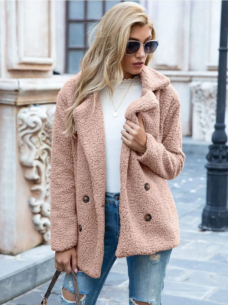 Women's fleece coat with double-breasted design and relaxed fit