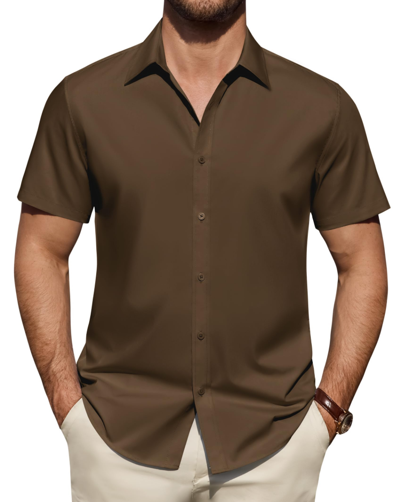 Plain polyester business shirt featuring a classic button-front design