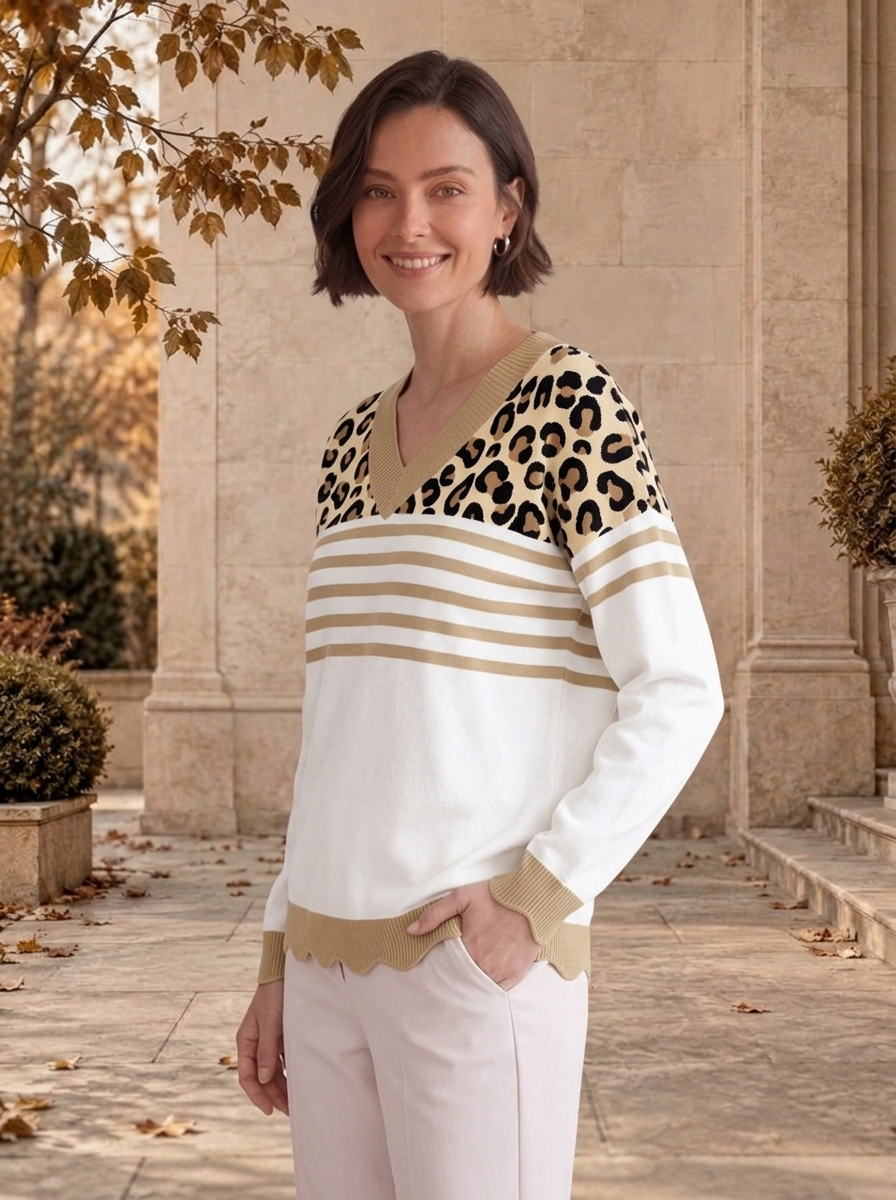 Women's striped knit jumper with leopard print