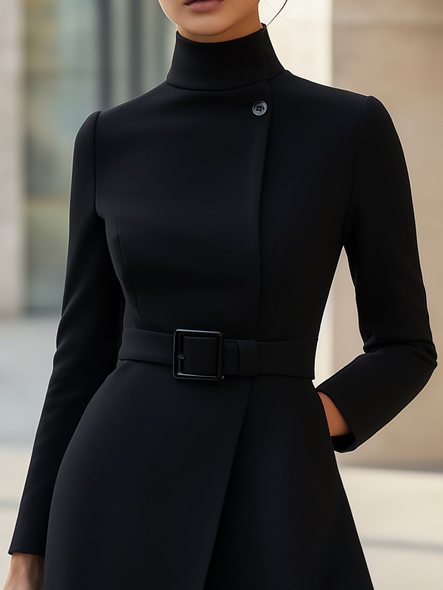 Women's black belted A-line dress with high neckline and flared skirt, side or three-quarter view