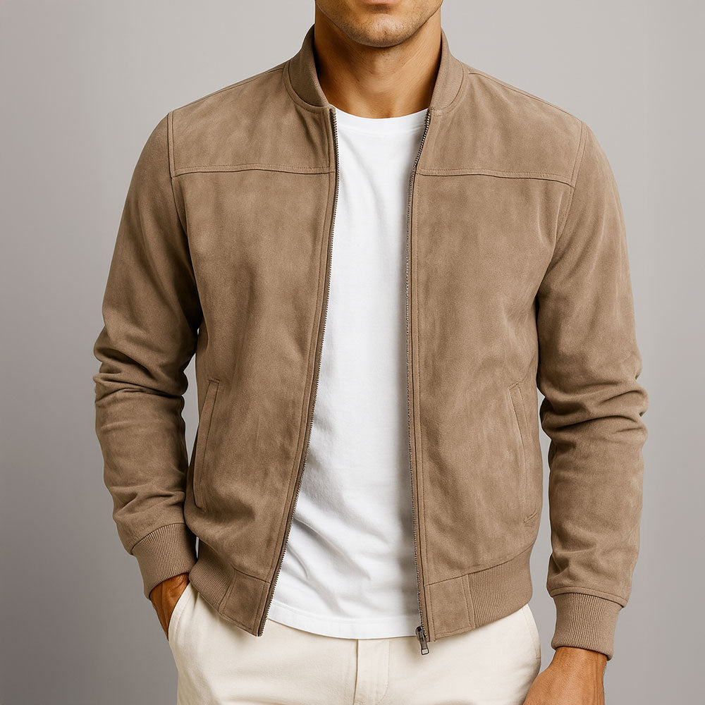 Suede bomber jacket with ribbed cuffs and hem on slim-fit silhouette for men