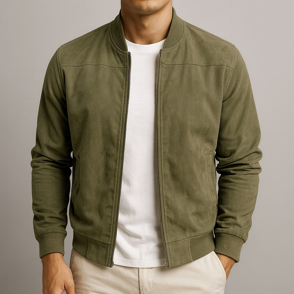 Suede jacket with bomber styling and fitted cut designed for men