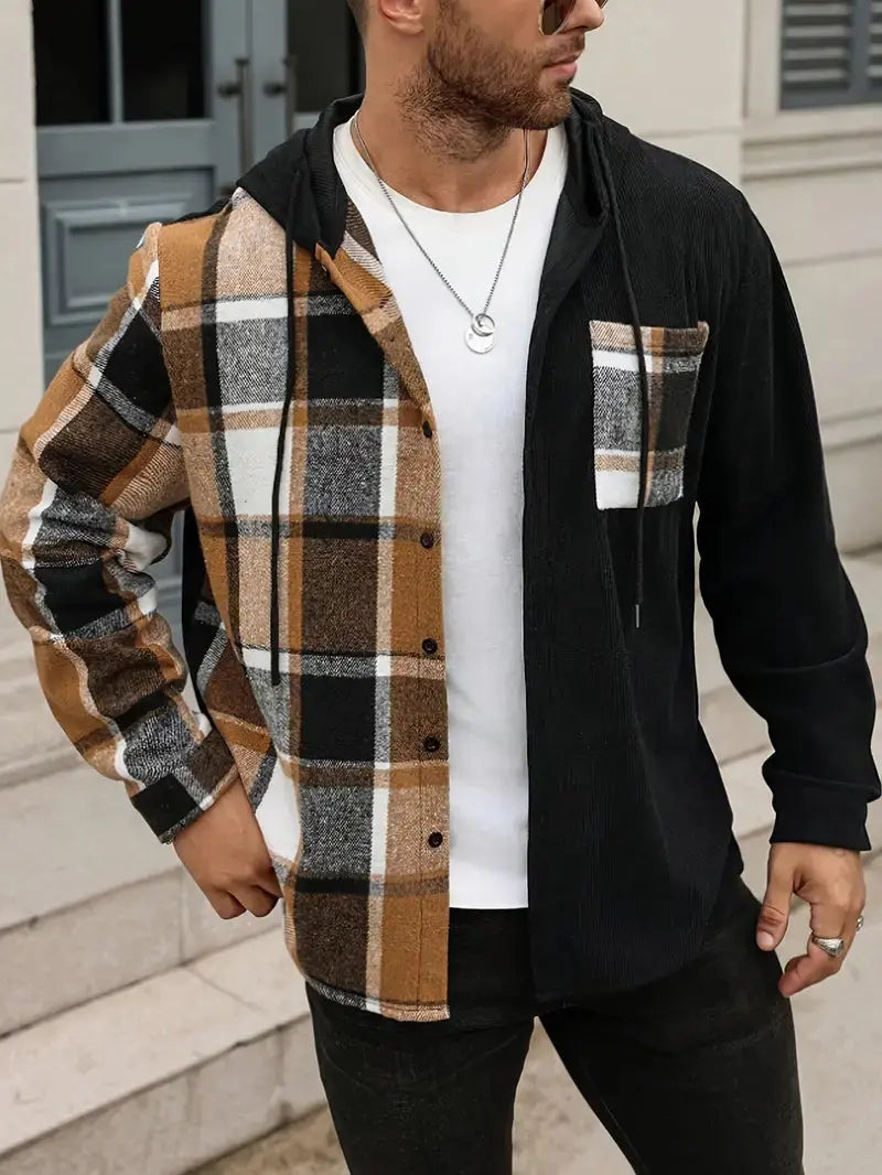 panel design cotton shirt displayed at three quarter angle