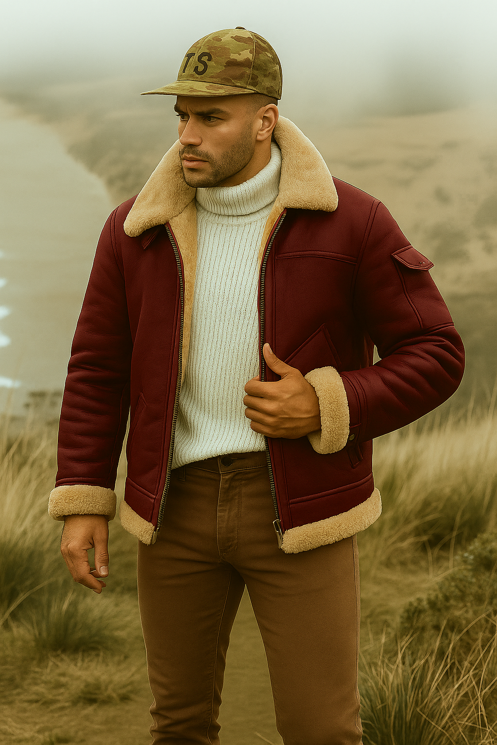 Men's aviator jacket featuring synthetic leather construction