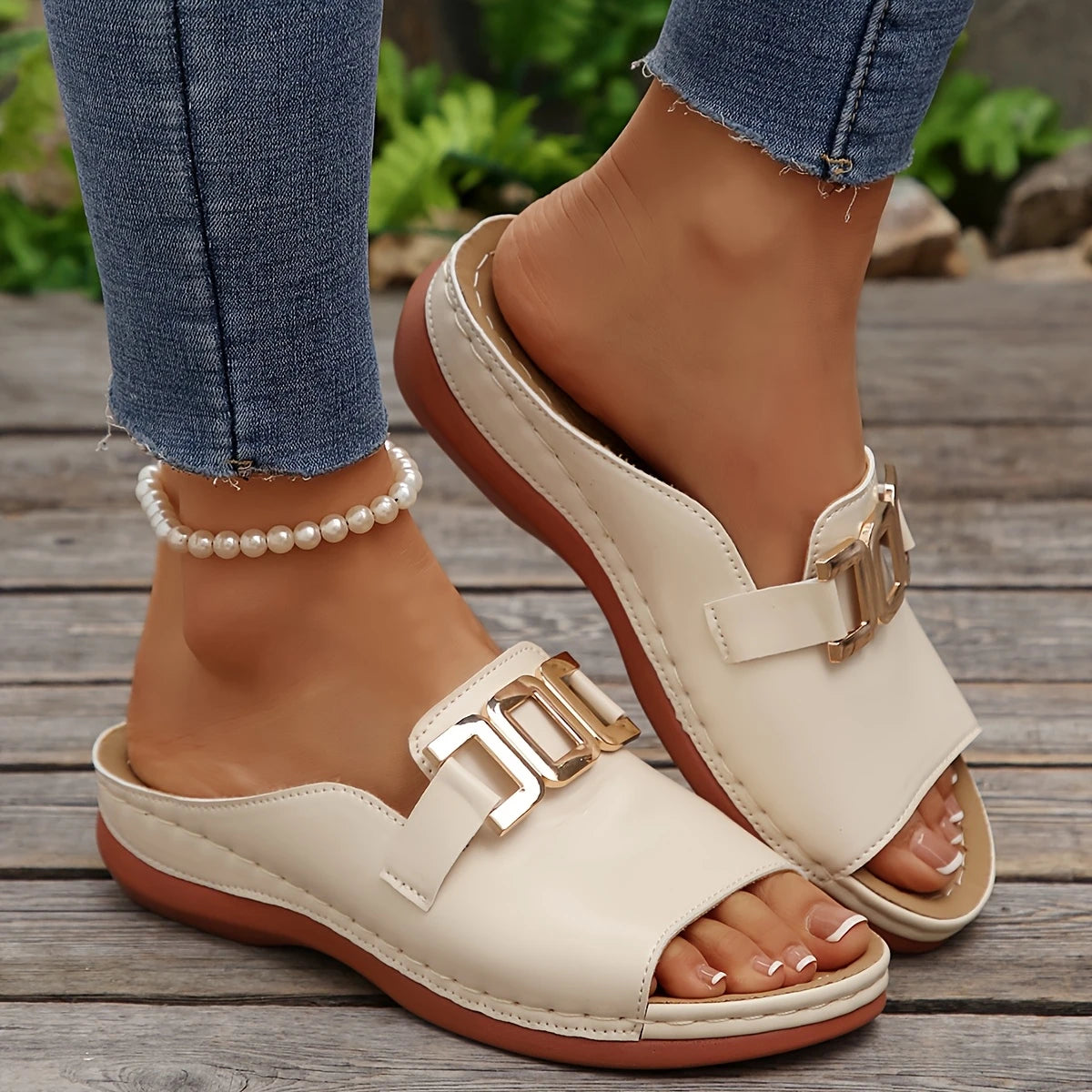 Women's beige slip-on platform sandals with thick anti-slip sole, front view