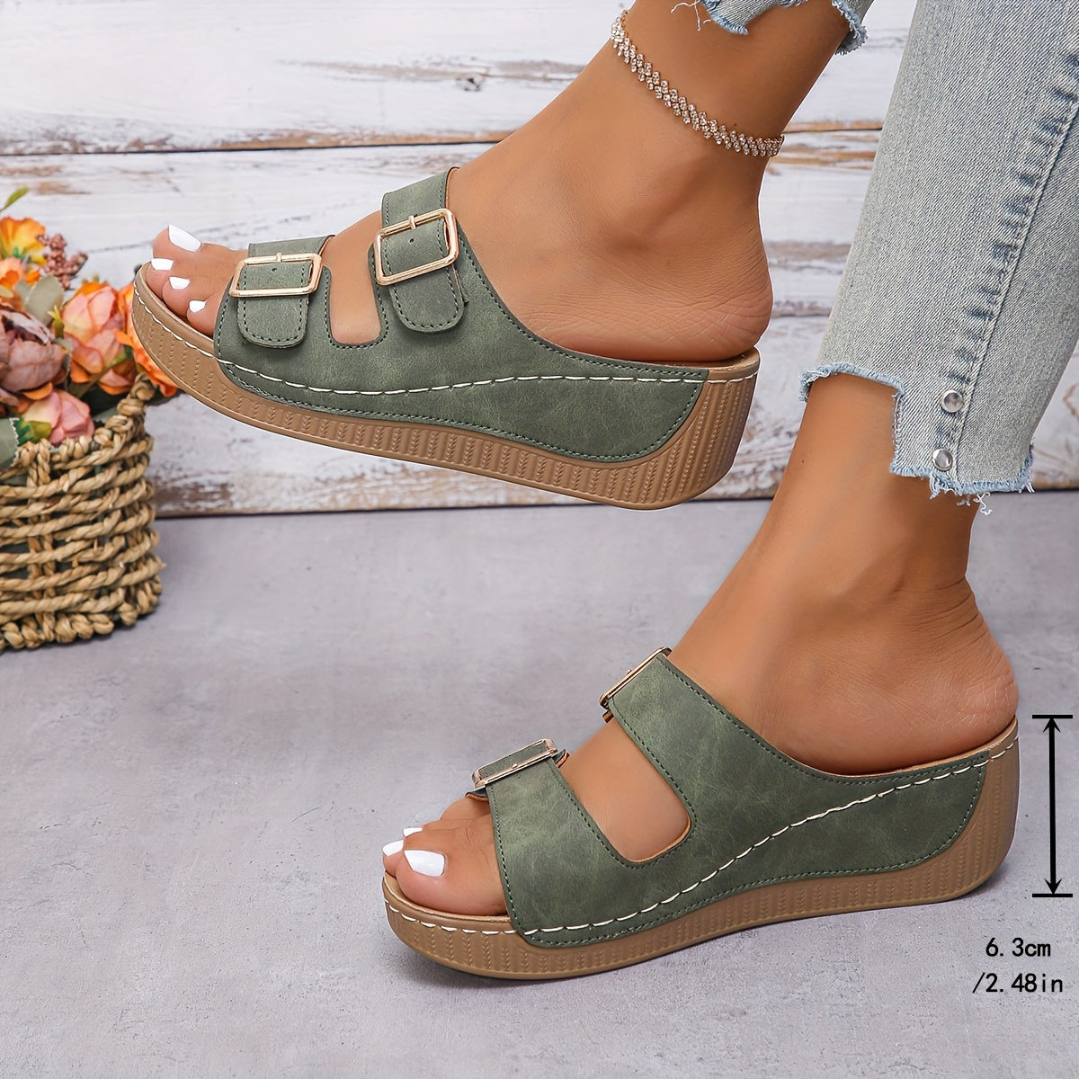 Top-down view of women's casual slip-on sandal showing the closed-toe design and adjustable strap