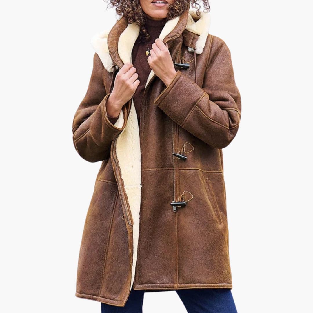 Synthetic shearling parka with hood and toggle closures in straight fit for women