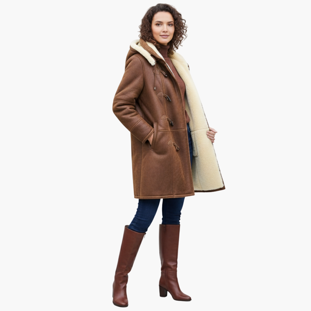 Straight-cut winter coat with synthetic shearling collar and long sleeves for women