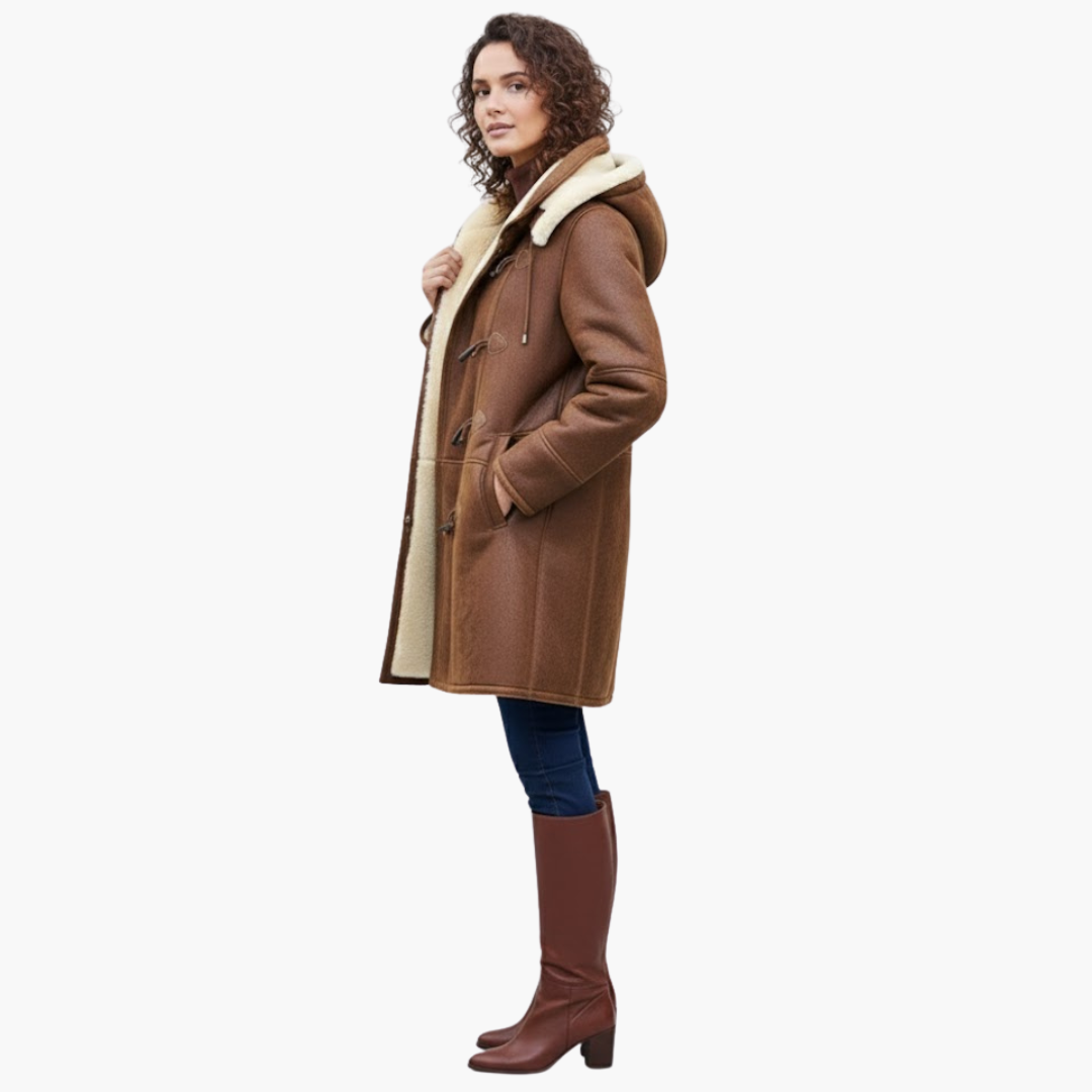 Winter parka featuring synthetic shearling trim and straight silhouette for casual wear