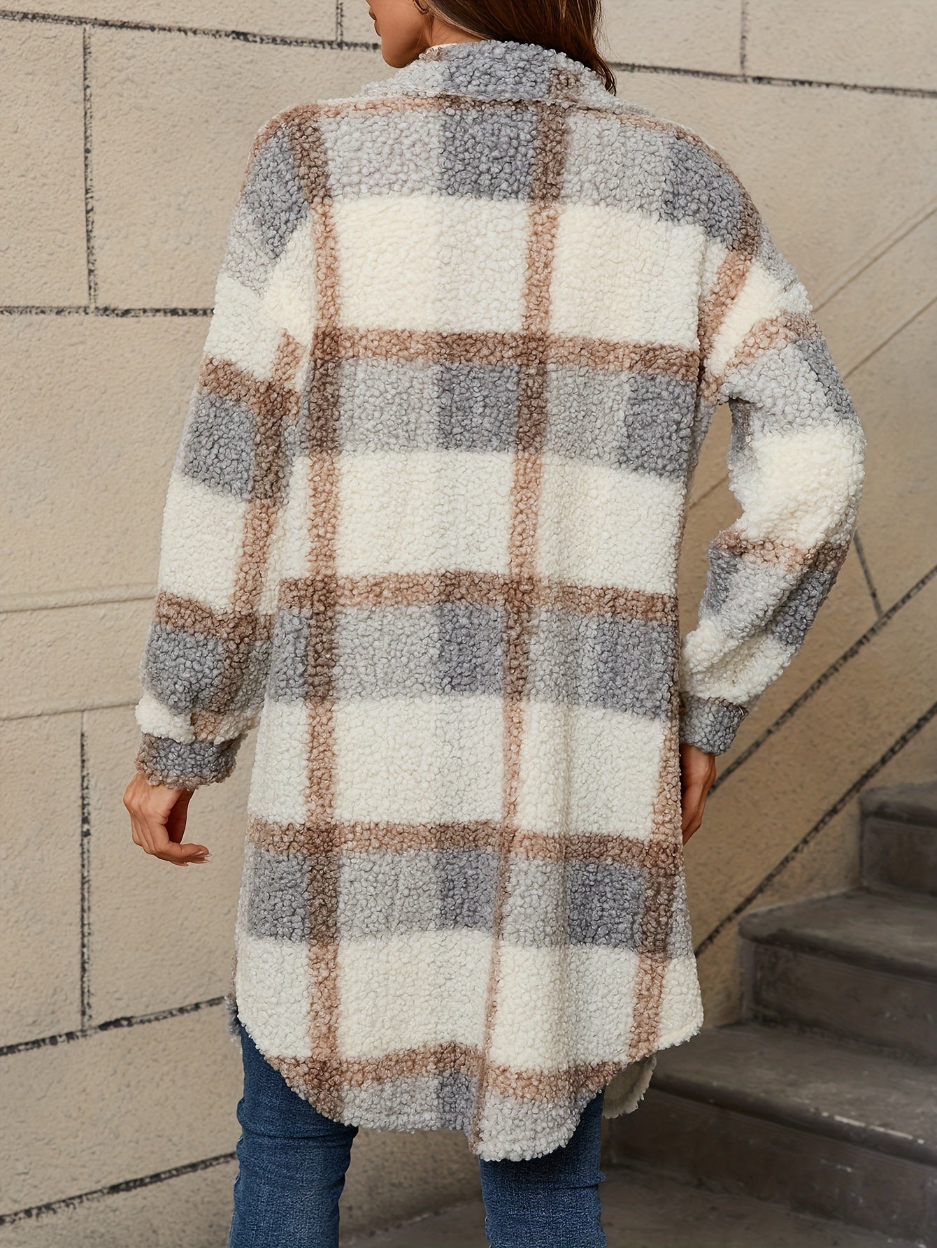 Teddy fabric jacket with high neck relaxed fit for women