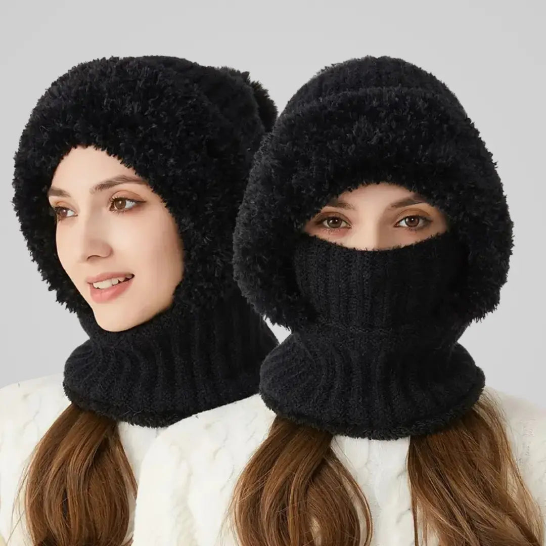 Knitted winter balaclava with faux fur trim and pull-up collar