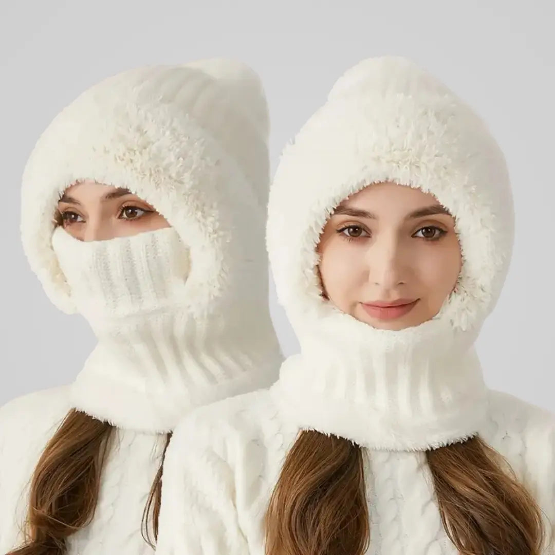 Soft knit balaclava with faux fur collar and pom pom for winter