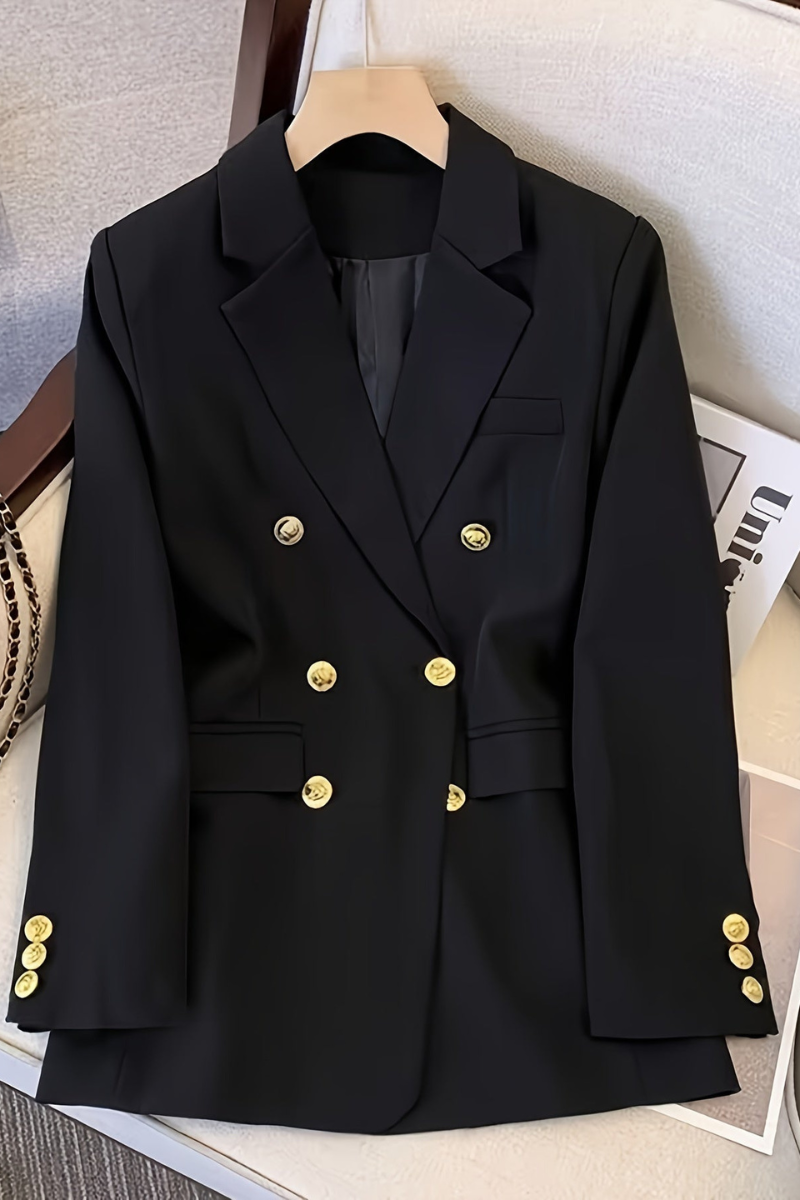 formal blazer with double row buttons viewed at slight angle