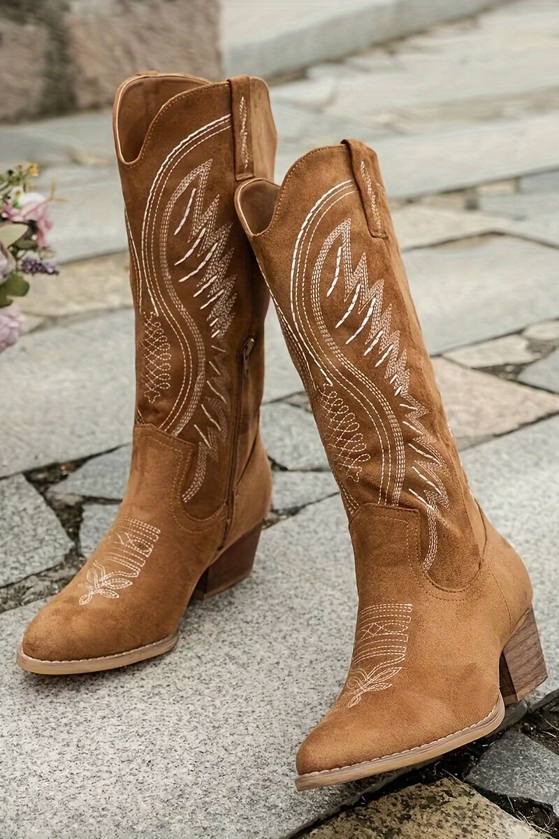 Mid-calf western boots with embroidered details and stacked heel
