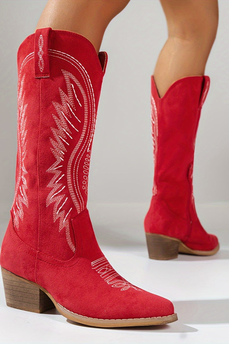 Suede boots with decorative stitching and comfortable block heel