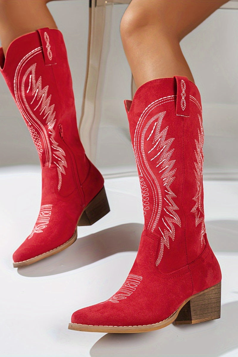 Mid-height western boots with textured suede finish and block heel