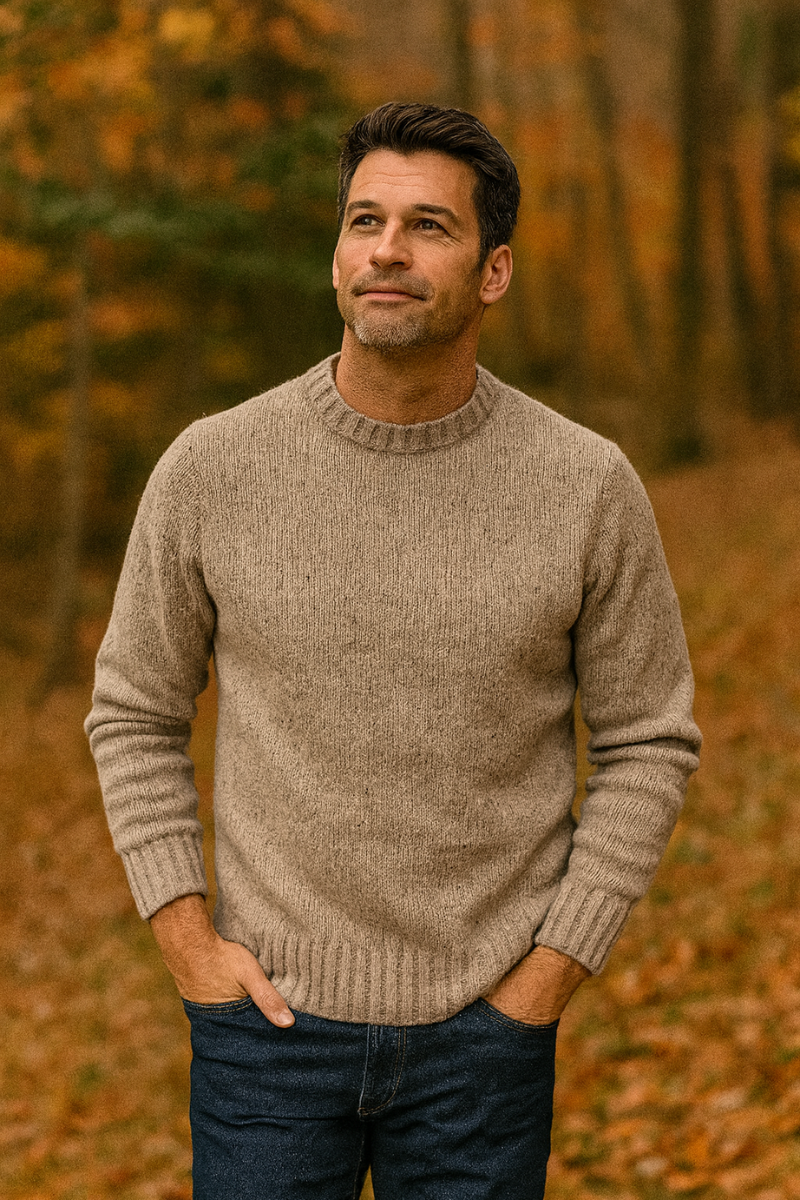Wool blend ribbed jumper with crew neck and regular fit for men