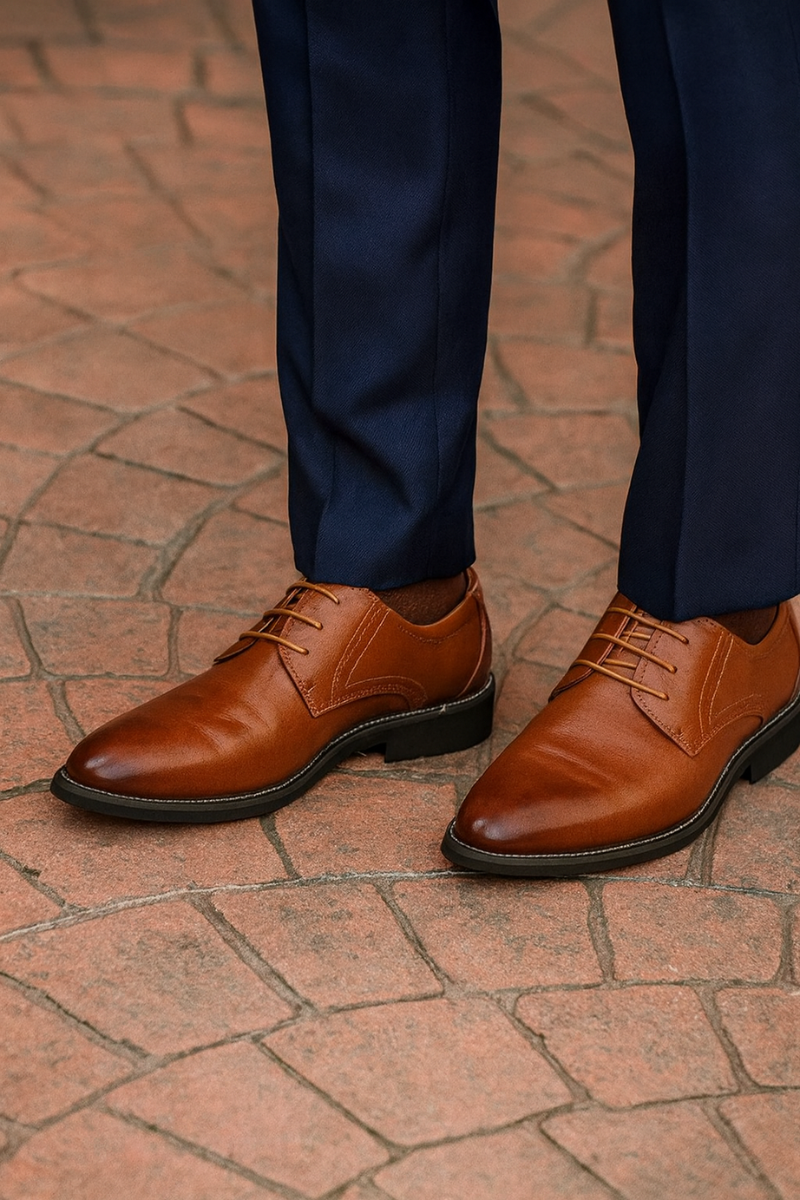 oxford shoes displaying structured leather upper and low stacked heel detail