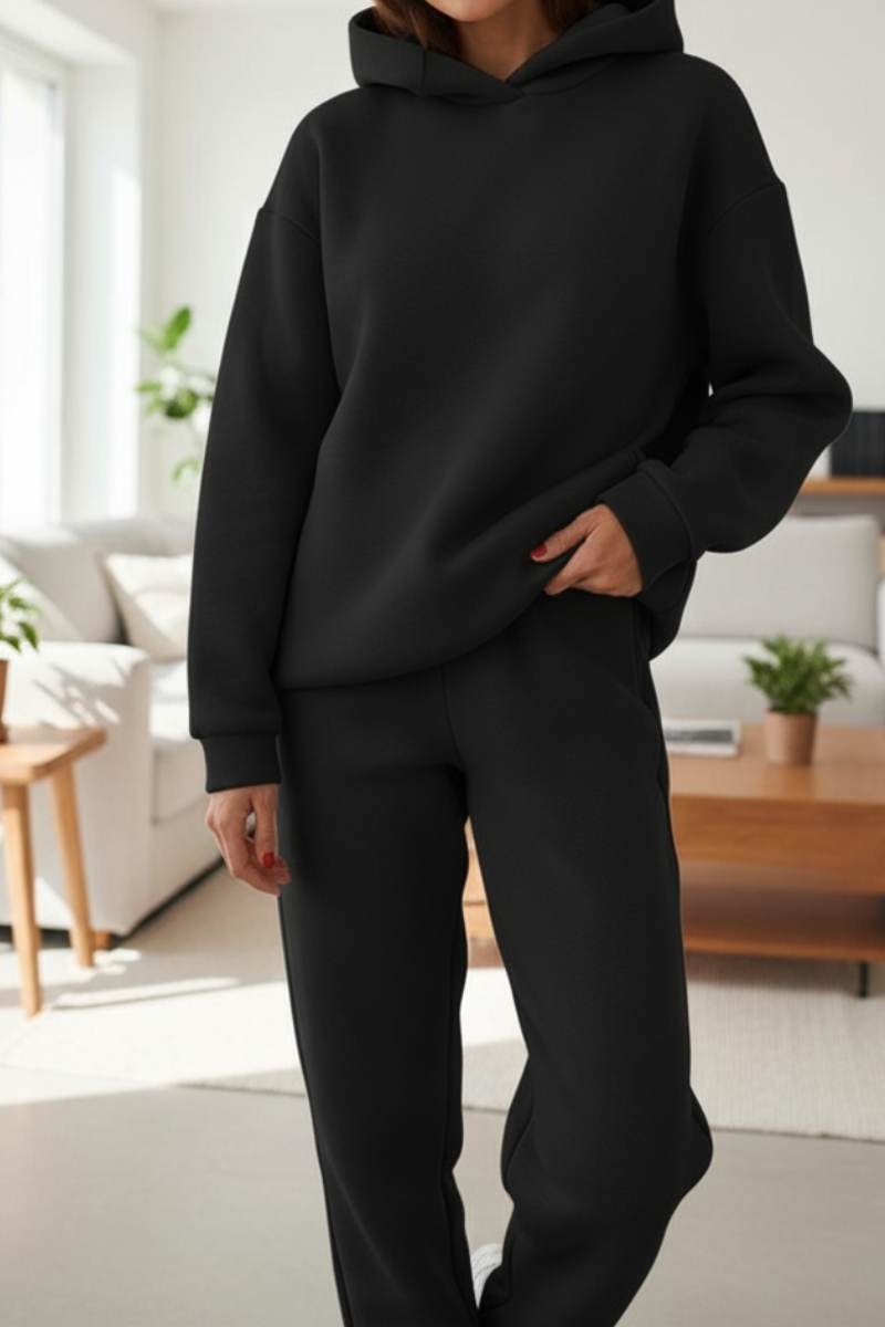fleece blend hoodie paired with matching joggers at three quarter angle
