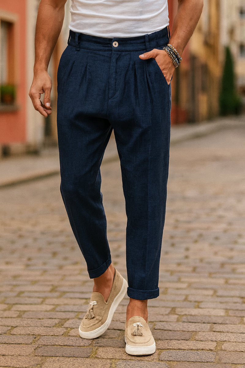 Pantalon en Lin Slim Fit Bleu Homme