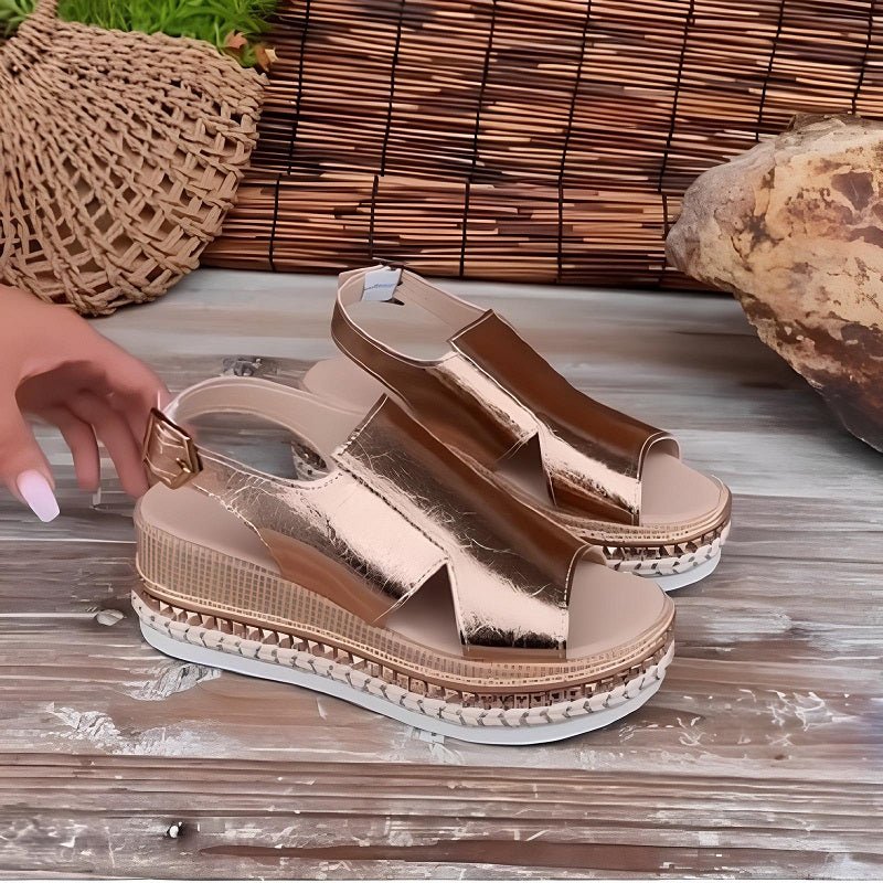 Bottom sole view of women's vegan platform wedge sandals showing platform construction