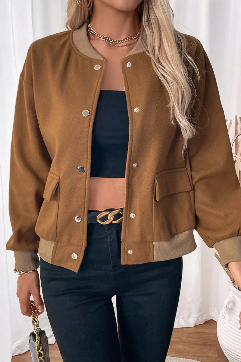 Soft cotton bomber with front pockets relaxed silhouette women