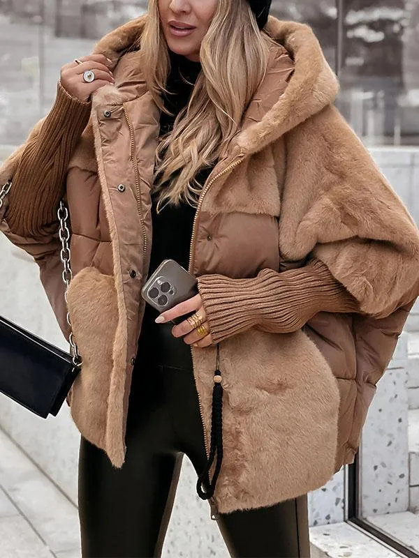 faux fur hooded bomber jacket with padded insulation front view