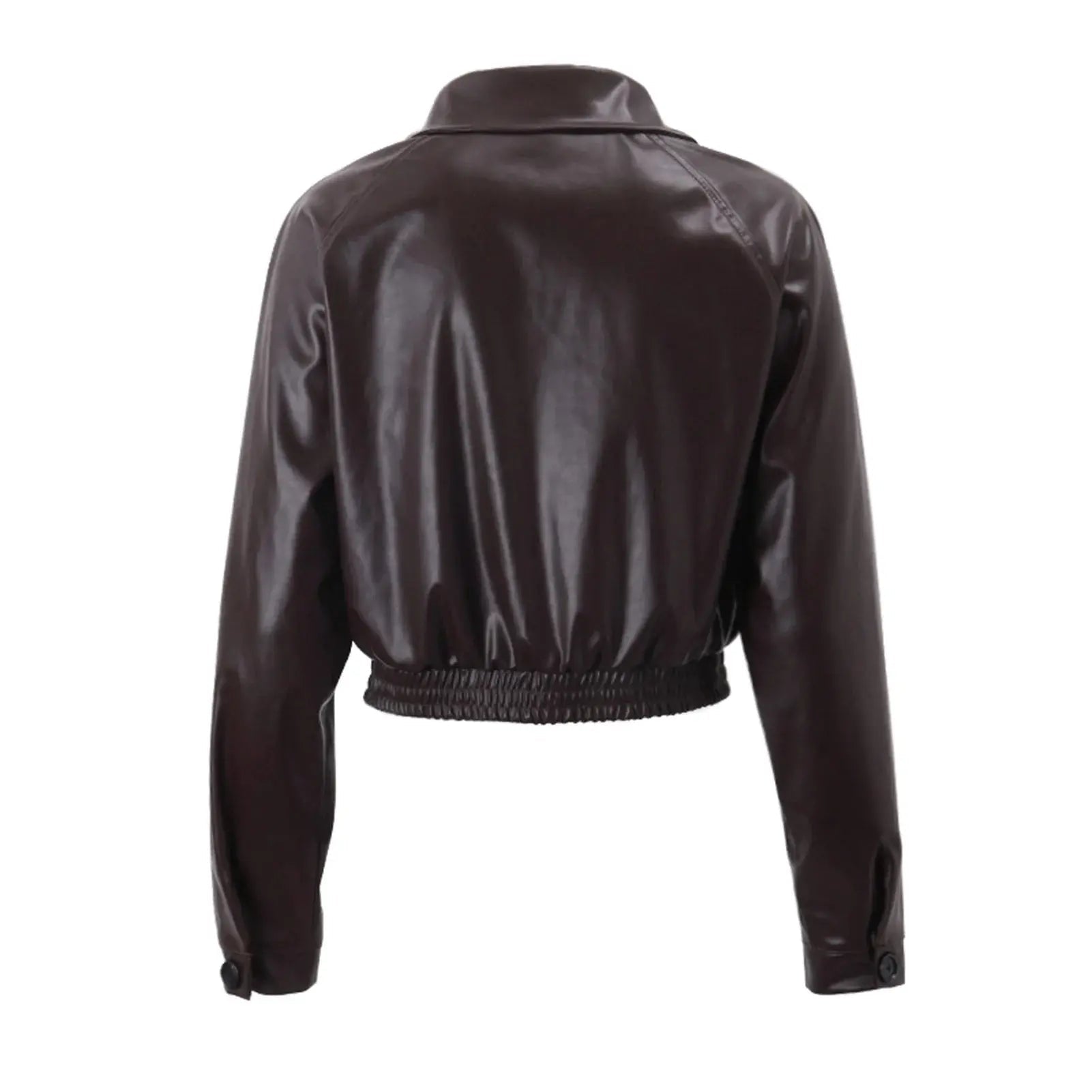 womens short jacket in faux leather shown from rear three quarter angle