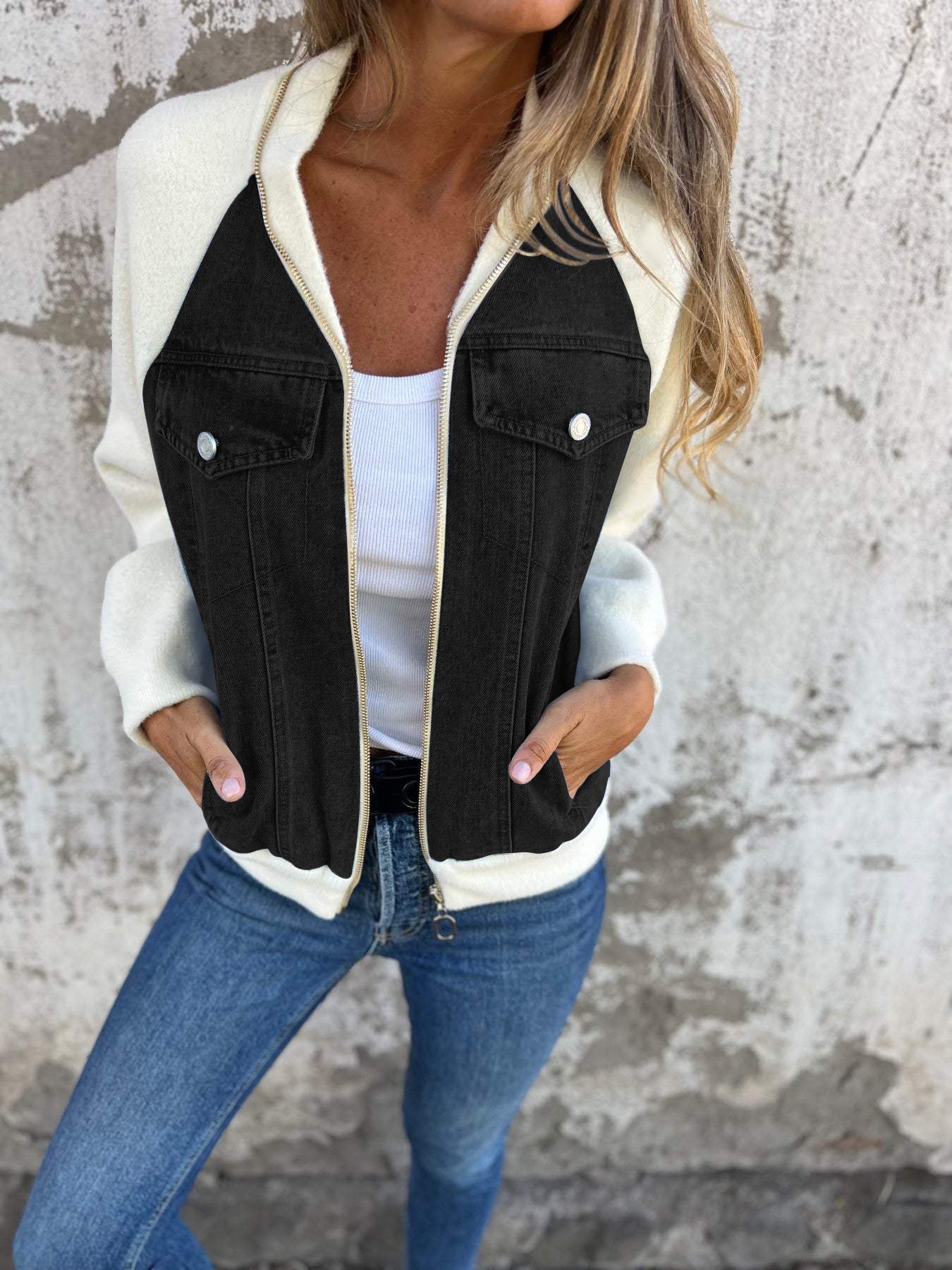 Veste Zippée en Jean avec Manches Contrastées Femme