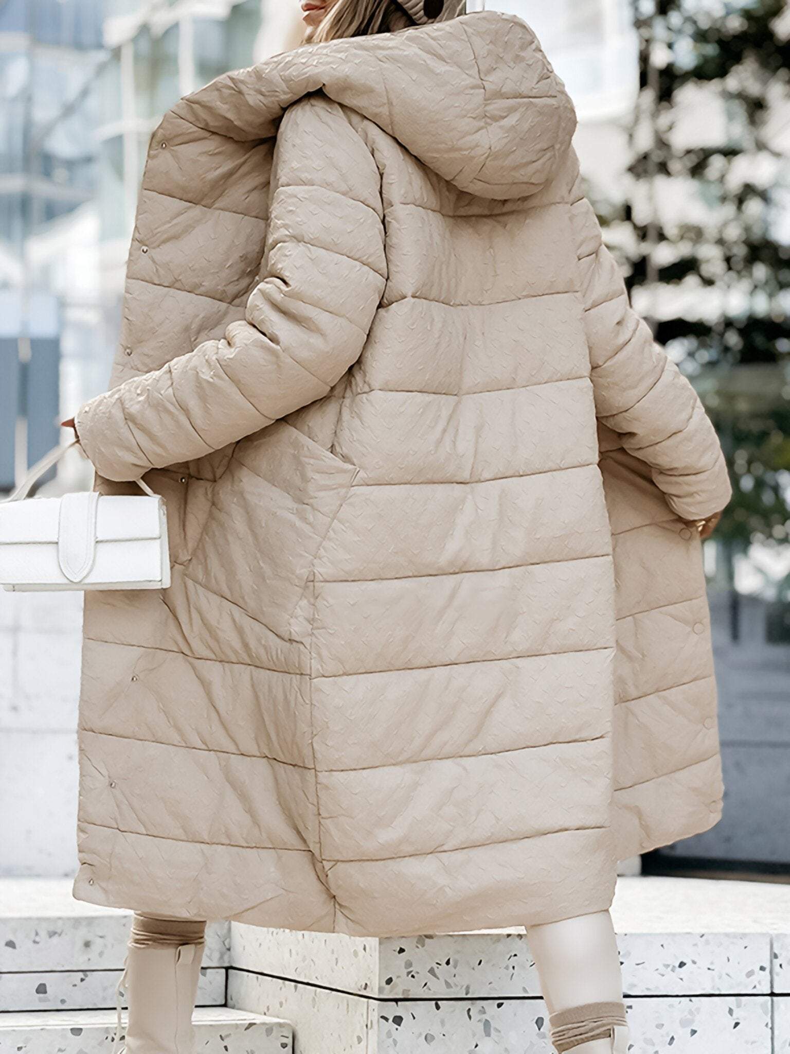 Manteau Long Matelassé avec Capuche Femme