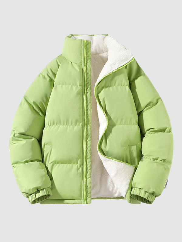 insulated puffer jacket with zip closure displayed on model from angle