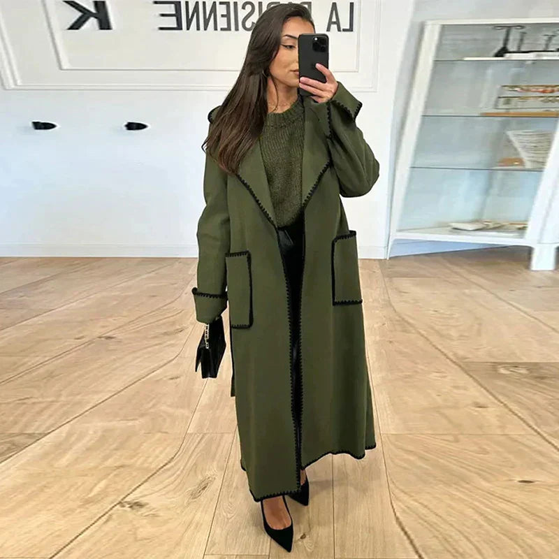 Manteau Long à Finitions Contrastées Femme