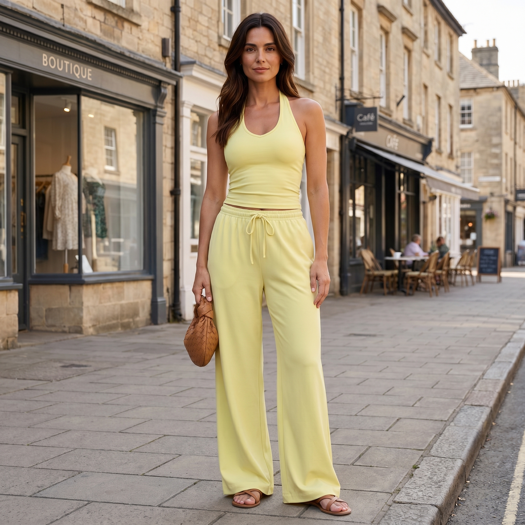 Women's yellow wide-leg sweatsuit set with sleeveless top and wide-leg trousers