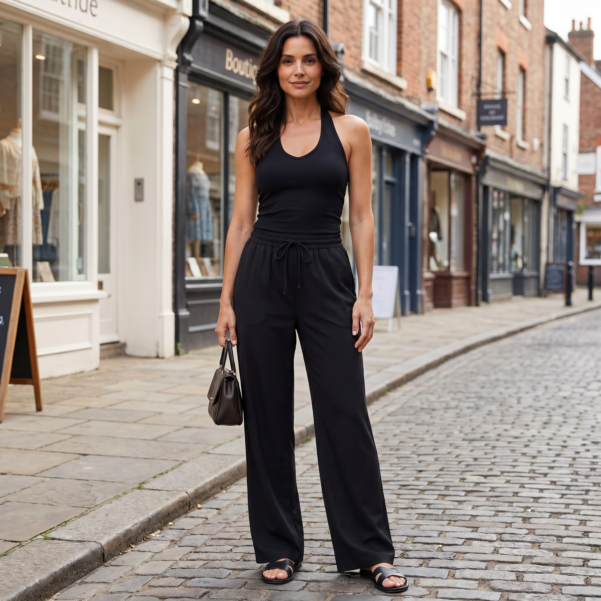 Women's black wide-leg sweatsuit set with sleeveless top and wide-leg trousers