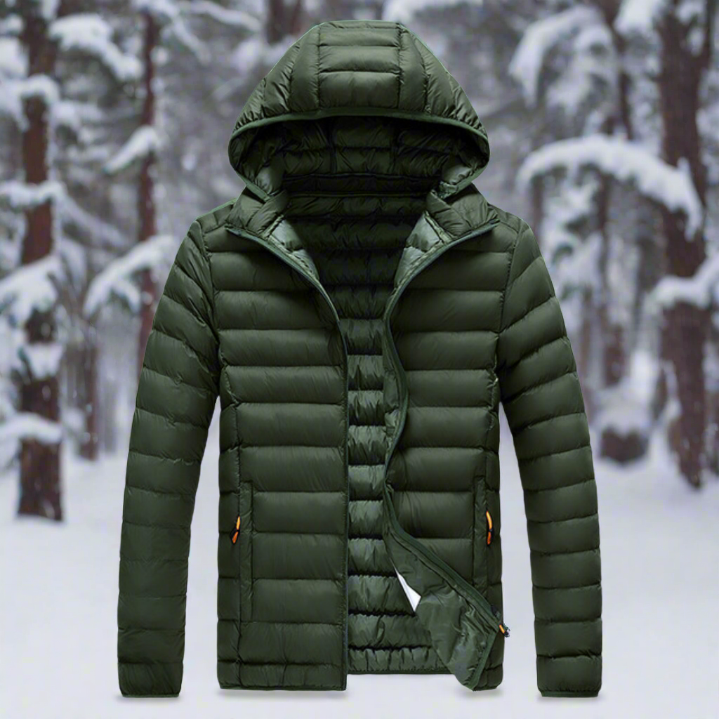 Waterproof coat with concealed hood and chest pocket