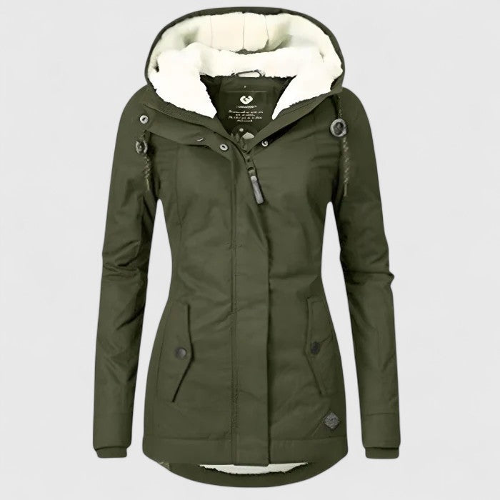 Waterproof parka jacket side angle fitted cut for women