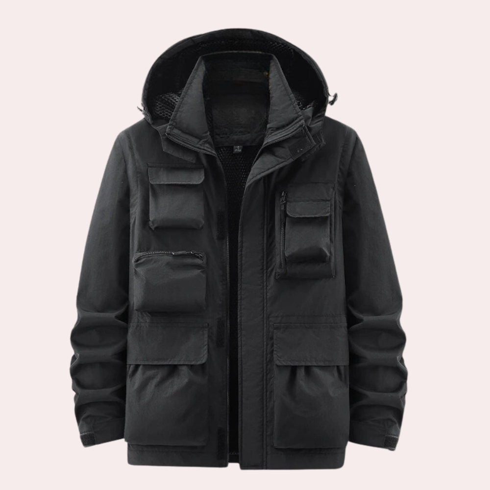 Synthetic parka jacket with hood and zip closure for men