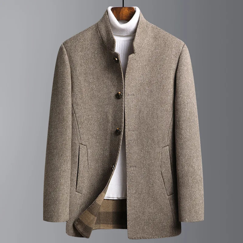 Wool jacket with stand collar and button front for men