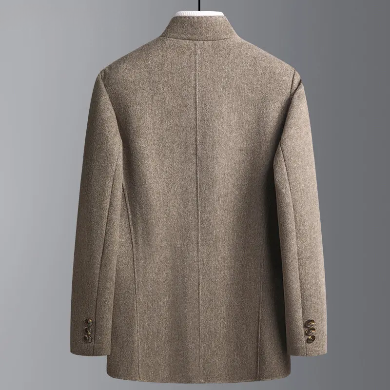 Men's wool jacket featuring stand collar and front button closure