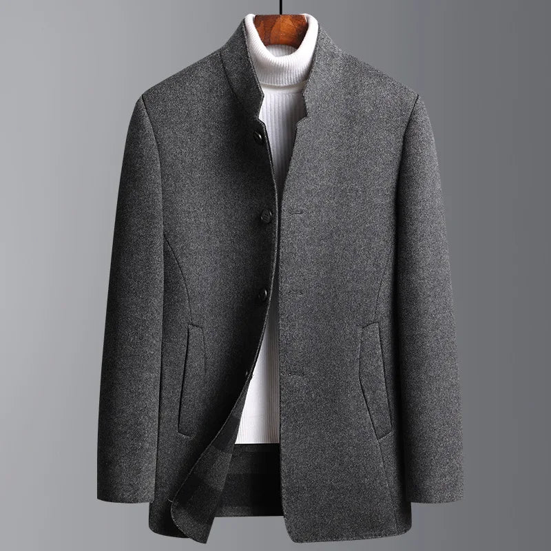 Wool stand collar jacket with regular fit and button fastening