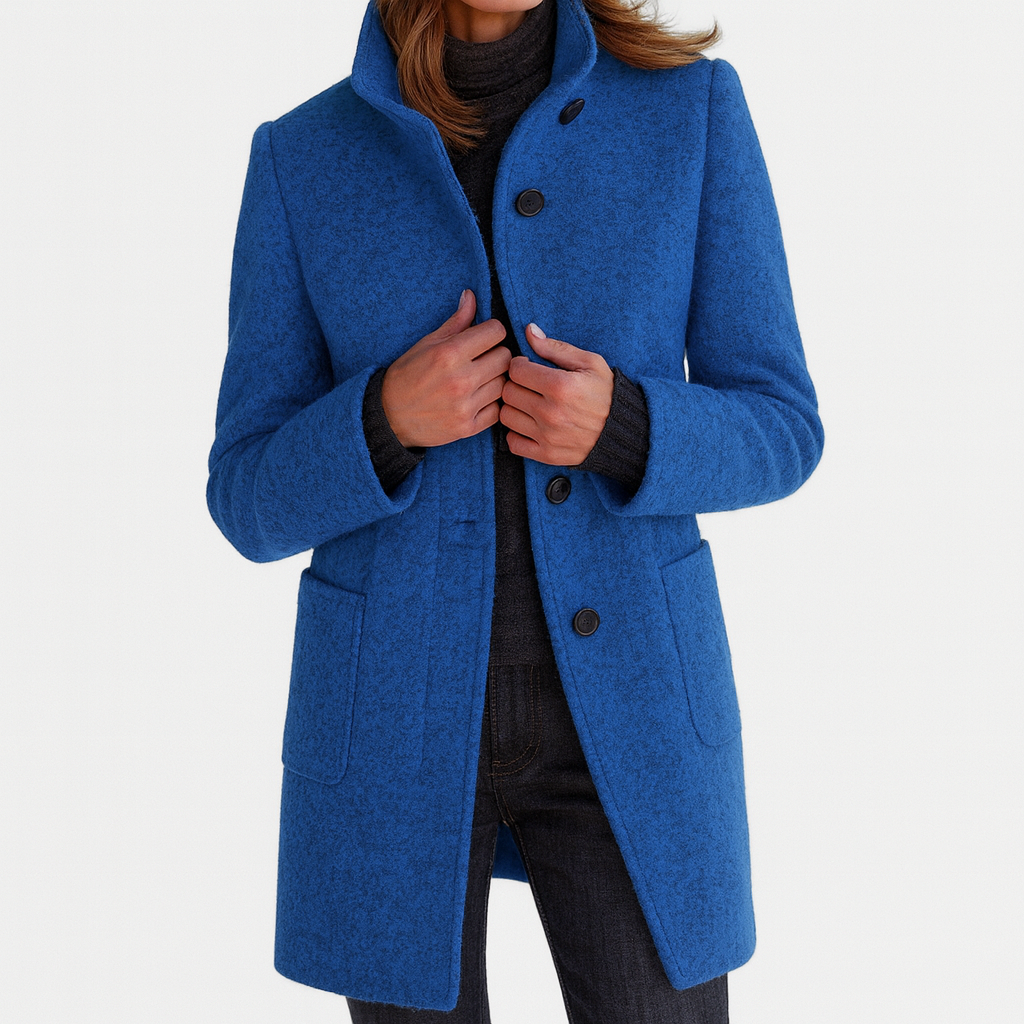 Wool blend tailored jacket with clean lines and professional cut for women