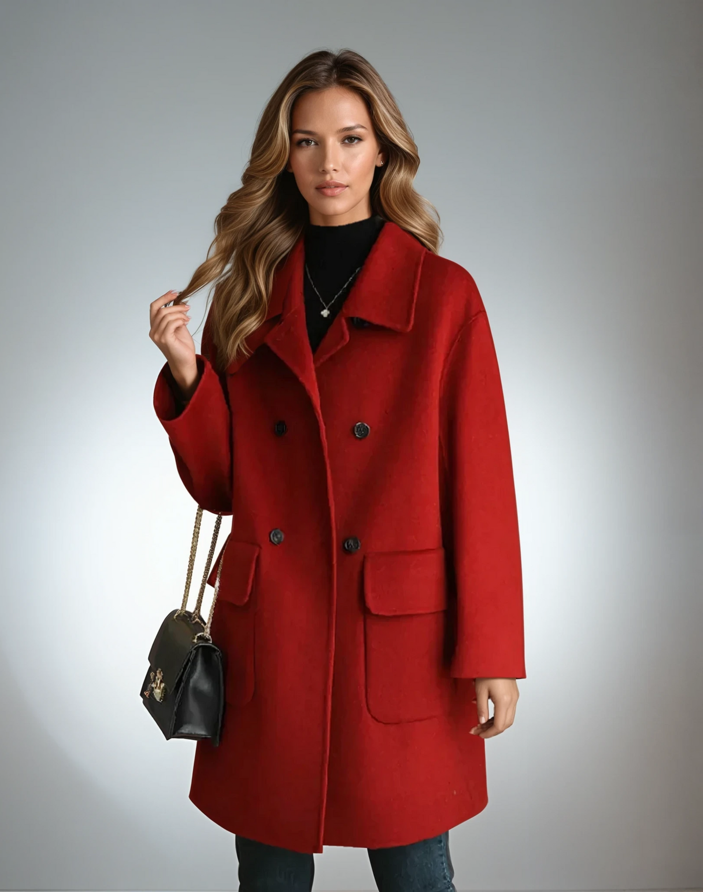 Wool long coat shown from side angle with oversized proportions