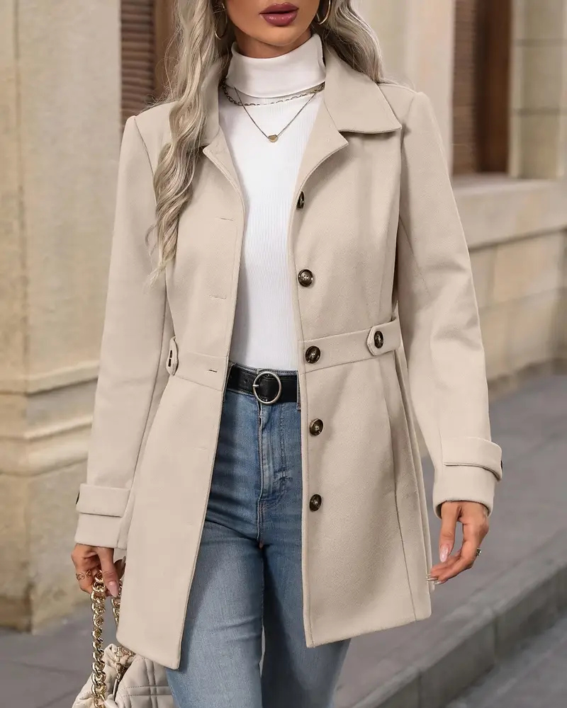 Wool coat rear view showing tailored silhouette and hem length for women