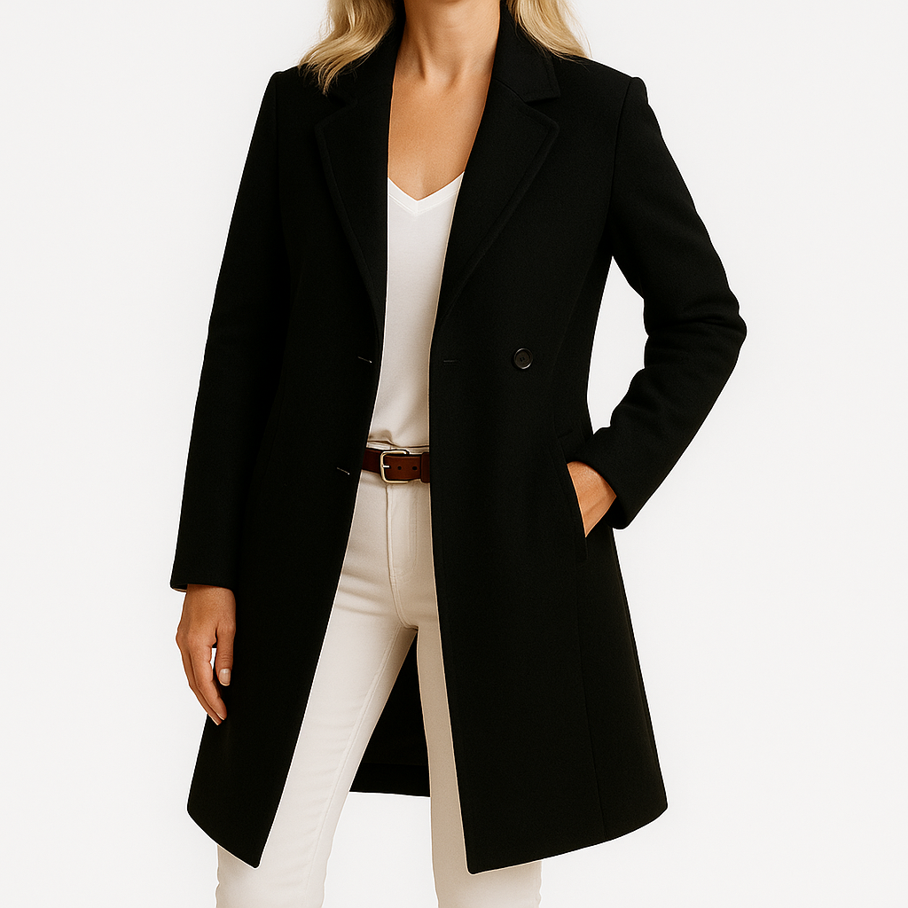 Wool tailored coat with notched lapels and structured shoulders for women