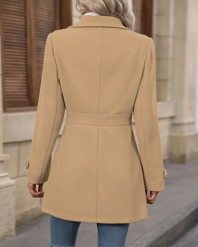 Wool coat showing full-length view with tailored fit on model