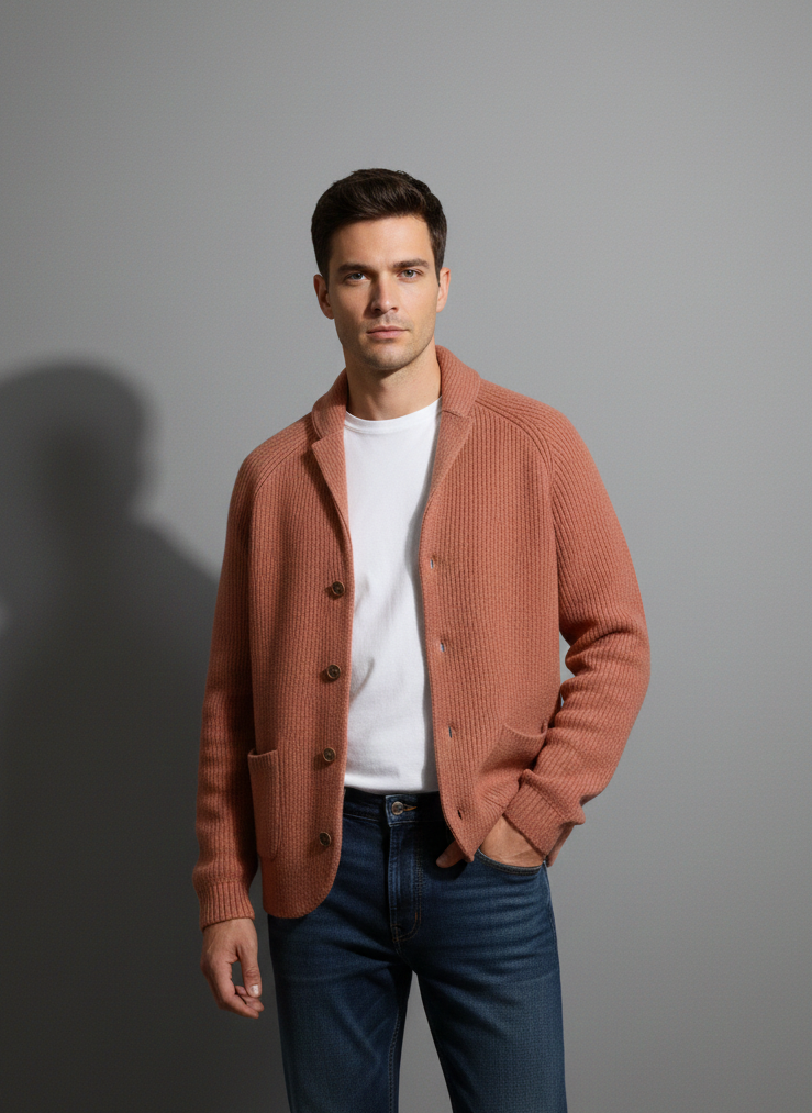 Wool cardigan with shawl collar and button closure for men