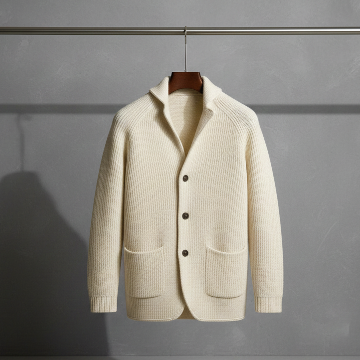 Men's regular fit cardigan featuring textured wool knit